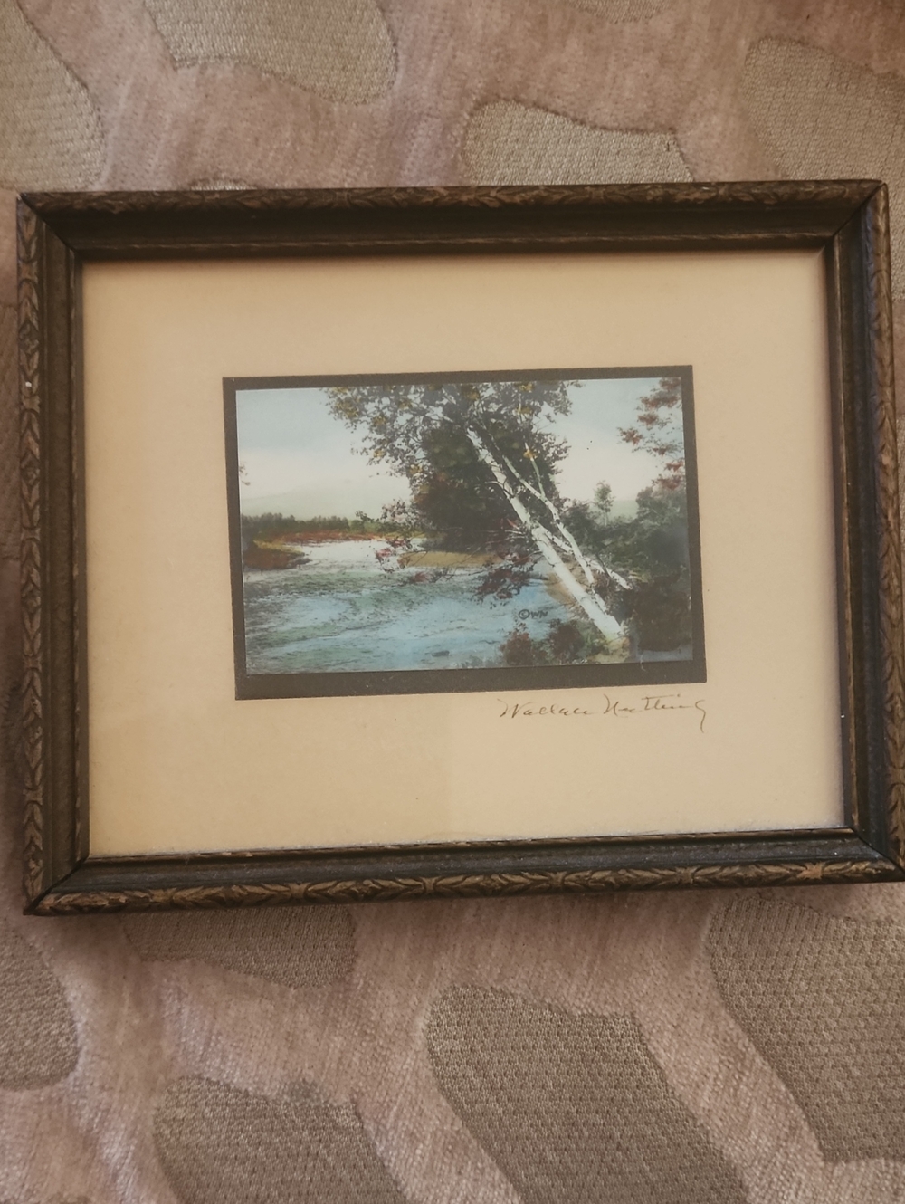Wallace Nutting Signed Birches & Stream - 1930's Antique Frame, Cream Mat